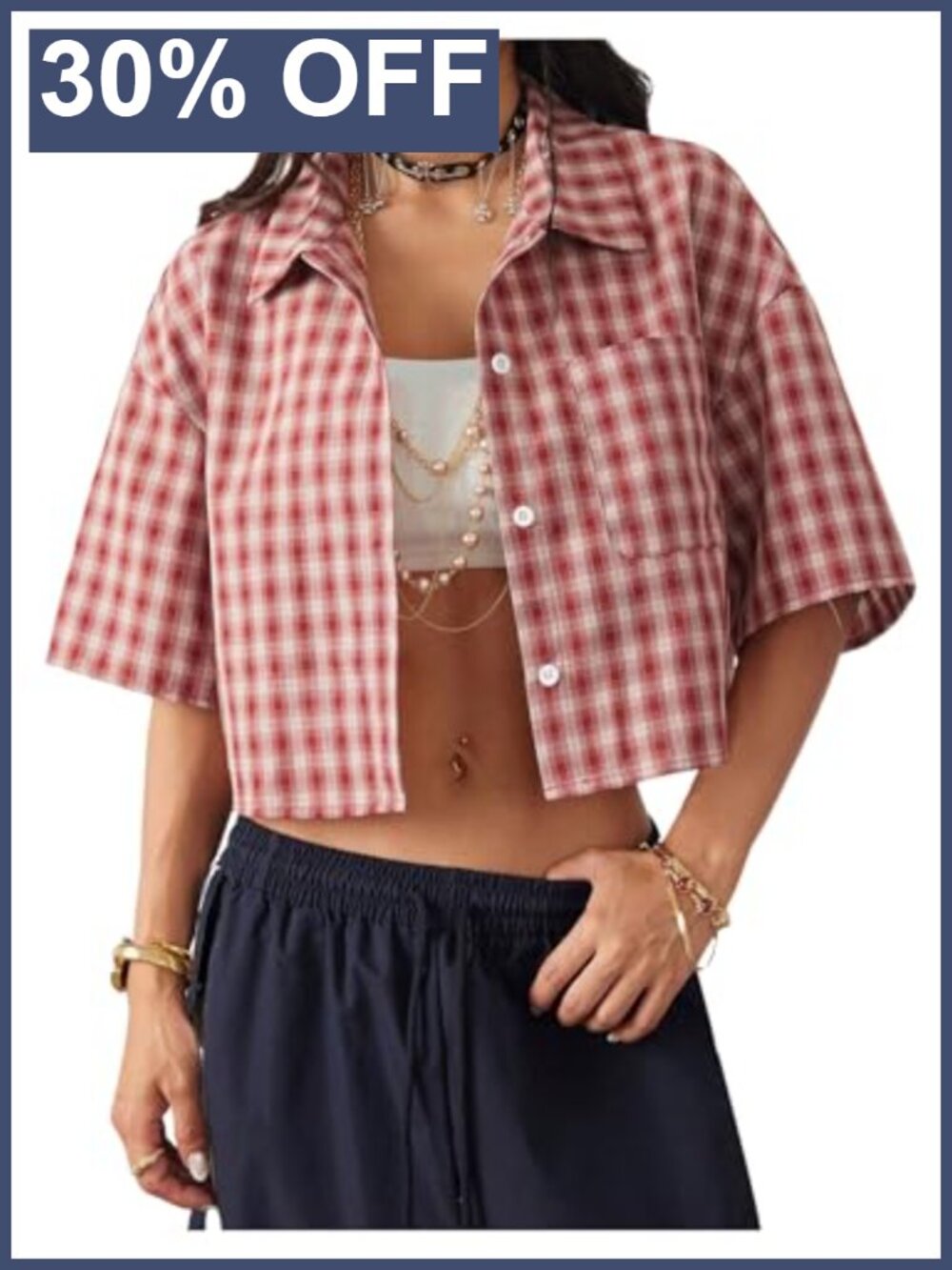 Women's Button Down Plaid Crop Shirt Short Sleeve Blouse
